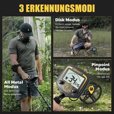 Металдетектор 13''/33см Profi з великою водонепроникною двокотушковою пошуковою котушкою, високою чутливістю та функцією Pinpointer, для пошуку золота, для дорослих з LCD-дисплеєм (Сірий)