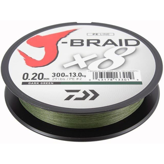 Daiwa J-Braid 8 Braid 0.16mm, 9.0kg / 20.0lbs, 300m dark green, round braided fishing line