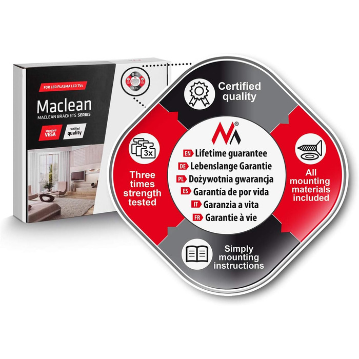 Кріплення для телевізора Maclean MC-778 - сумісний з OLED, QLED, LCD, LED, Plasma, до 45 кг, 26-65 дюймів, кут нахилу -15°/+15°, VESA 400x400