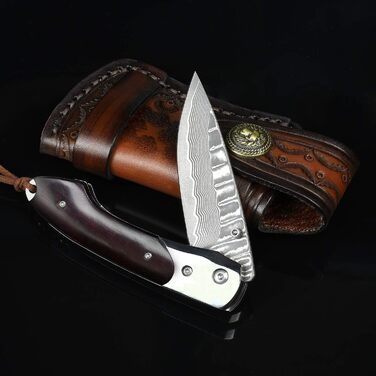 Складаний дамаський ніж NedFoss SWORDFISH 7 см, 67 шарів VG10, дерев'яна ручка, чохол і кліпса, мисливський ніж для колекції та подарунку