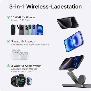 Зарядний пристрій Voomy 3-в-1 з індукційною зарядкою, сумісний з MagSafe, для iPhone, AirPods та Apple Watch, 15W, складний, швидка зарядка, з USB-C кабелем та адаптером (Чорний, Алюміній)