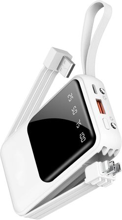 Портативний зарядний пристрій Powerbank 10000mAh з вбудованими кабелями (USB-C) для iPhone, Android, Google Pixel (білий)