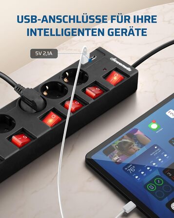 Розподільник розеток DEWENWILS 6-фазний з USB, індивідуальне вмикання, захист від перевантаження, дитячий захист, поворот 90°, чорний