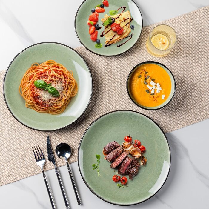 Набір посуду GBhome з реактивної глазурі для 6 осіб (18 предметів), ручної роботи, керамічний, мікрохвильова та посудомийна машина, зелений колір