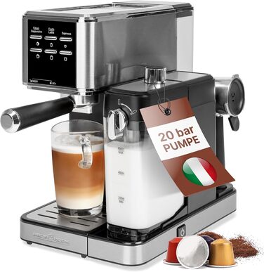 Кавоварка еспресо ProfiCook 2в1 для меленої кави і капсул Nespresso, 20 бар, з молочним резервуаром, еспресо-машина з нержавіючої сталі, PC-ES 1266, модель 2024