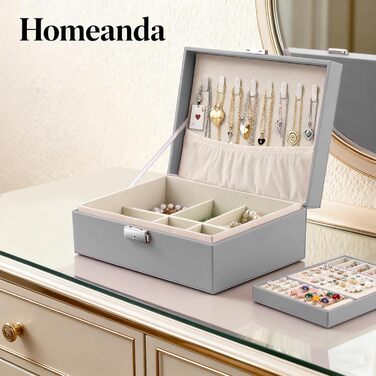Шкатулка для прикрас Homeanda з замком, шкіряна, велика, сірого кольору (Ug-grau)