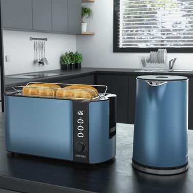 Набір чайник та тостер Arendo SET з нержавіючої сталі, блакитний. Чайник 1,5л, регулювання температури 40-100°C, тостер на 4 тости з LED-дисплеєм, 6 ступенів підсмажування та підставка для бургерів.