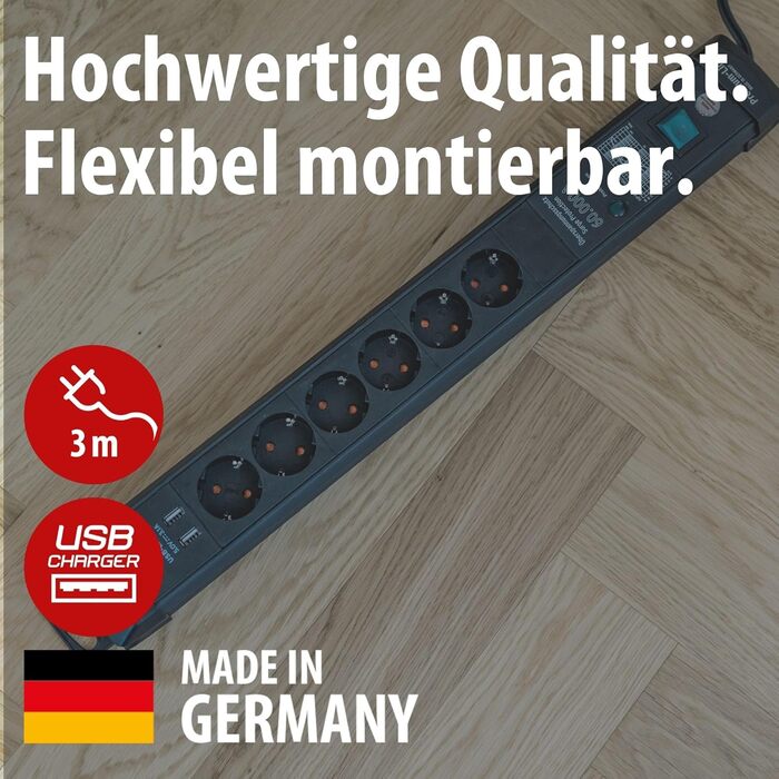 Брененштуль Steckdosenleiste Premium-Line: Розподільник розеток 6-фазний з захистом від перенапруги до 60000A, з вимикачем, 3м кабель, 2x USB 3.10A, для монтажу на стіну, Made in Germany, чорний, захист від витоку струму 60000A