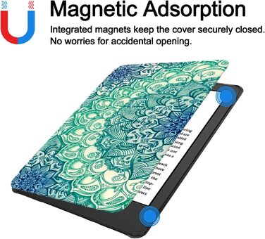 Чохол TOKILO для Kindle 6 (11-го покоління 2024/2022), м'яке PU-шкіряне покриття з авто-ввімкненням/вимкненням, чорний (смарагдовий візерунок)