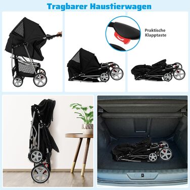 Візок для собак SOARS, до 15 кг, складаний, з сітчастими віконцями, тримачем для напоїв та кошиком для зберігання, для маленьких тварин (Чорний)