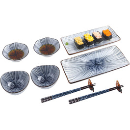 Набір керамічного посуду Artcome 10 шт. у японському стилі: 2 тарілки для суші, 2 соусники, 2 тарілки для закусок, 2 пари паличок для їжі, 2 підставки для паличок. Колір: блакитний.