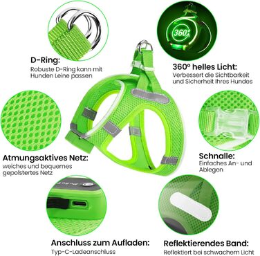 Світловідбиваючий нашийник для собак PcEoTllar з LED підсвічуванням, акумуляторний, для дрібних та середніх собак, дихаючий, рожевий (3 режими) (XS, зелений (3 режими))