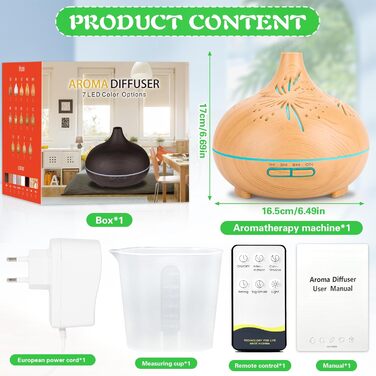Ультразвуковий аромадифузор 550мл з дерев'яною обшивкою, керуванням від пульта, 7 LED кольорів з регулюванням яскравості, таймер 1/3/6 год, для спальні, вітальні, йоги та офісу