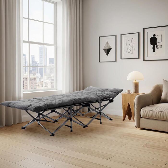Ліжко складане кемпінгове LEADZM з матрацом, сталевий каркас 190x71x36 см, сіре - для дому, природи, подорожей