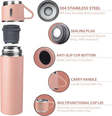 Stainless Steel Thermos Flask with Cup and Handle - 500ml Insulated Travel Mug, Leak-Proof, Double-Walled, Vacuum Insulated, Keeps Hot/Cold for 12 Hours - for Kids, Sports, Travel (Black, Pink)