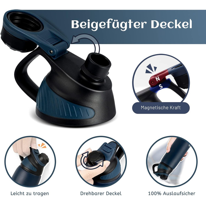 Фляга спортивна Fjbottle Edelstahl 1 л темно-синя з магнітною кришкою, BPA-free. Термофляга для школи, фітнесу, води, газованих напоїв