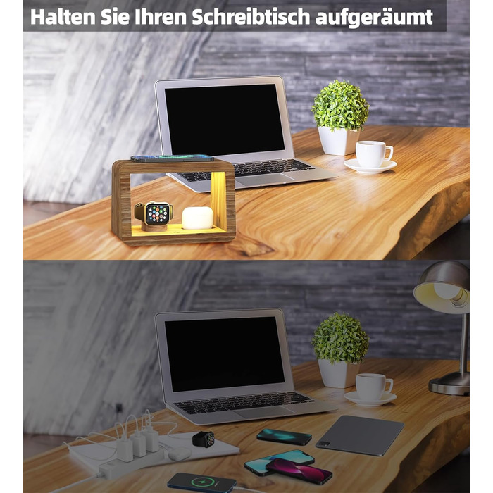 Багатофункціональна заряджна станція 5-в-1 з бездротовим зарядним пристроєм, світлодіодним нічником та годинником, бамбукова, сумісна з Apple Watch, AirPods, Samsung Galaxy та іншими пристроями