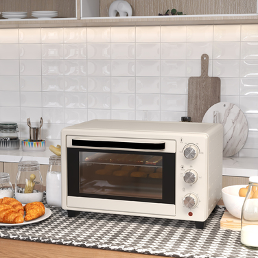 HOMCOM Mini Oven with Rotisserie, Small Oven 21L Toaster Oven with 1 Wire Rack and 1 Baking Tray, 3 Cooking Modes, 100°C-230°C, Stainless Steel, Glass, Cream White