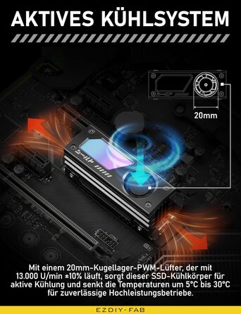 Охолоджувач SSD M.2 EZDIY-FAB Shield ARGB з вентилятором 20mm PWM, алюмінієвий корпус, підтримка ARGB 5V 3-Pin, чорний, 1 шт.