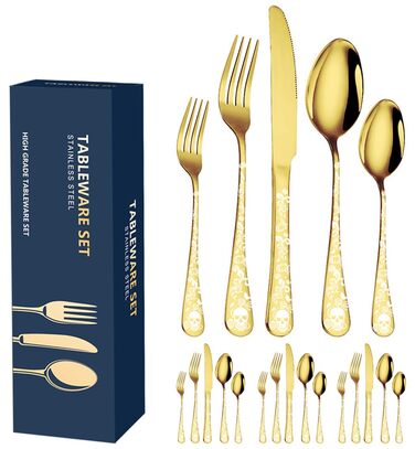 Набір столових приборів Xiaoyu Готичний (20 шт) з черепами та квітковим малюнком, золотий - для Halloween