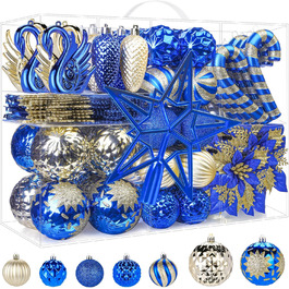 Набір прикрас на ялинку Alupssuc 128 шт: ялинкові кулі, квіти, стрічки, верхівка, гачки (чорний & золото, синій & золото)