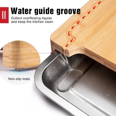 Rainsworth Bamboo Cutting Board with Drip Tray - with 3 Stainless Steel Bowls and Juice Groove - 40x30x7cm Large Solid Multifunctional Cutting Board High - Vegetable Cutting Board Bumbus with Feet