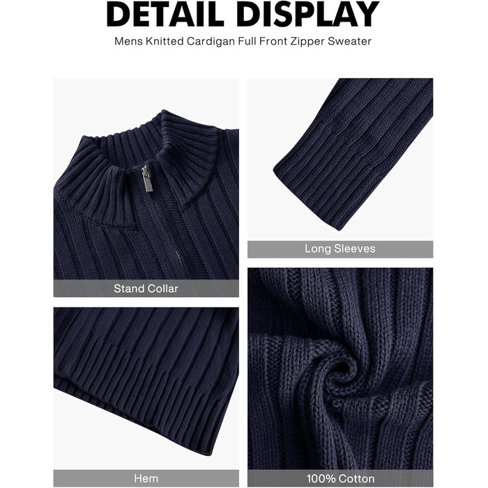Чоловічий в'язаний кардиган NITAGUT з блискавкою, теплий, зимовий, вінтажний, довгий рукав, синій Navy Blue
