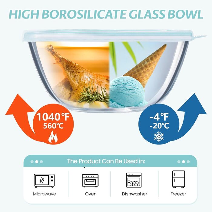 Luvan Glas Mixing Bowls with Lids 3-Piece Set (4.2 L, 2.5 L, 1 L), Large Round Salad Bowls for the Kitchen, ideal for Storing Food, Cooking, Baking, Preparing, Dishwasher Safe