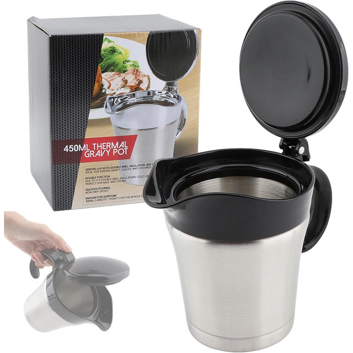 Double-walled stainless steel gravy boat with hinged lid, 500 ml sauce dish for serving sauces or cream (Size: 500 ml)