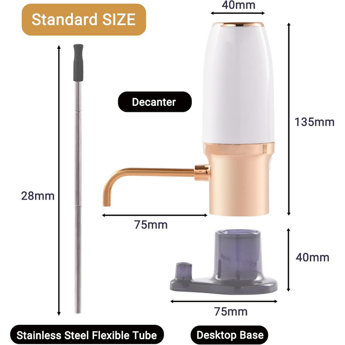 Electric Wine Aerator Pourer, Portable One-Touch Wine Decanter and Wine Dispenser Pump for Red and White Wine Multi-Smart Automatic Wine Oxidation Dispenser, USB Rechargeable (White & Gold)