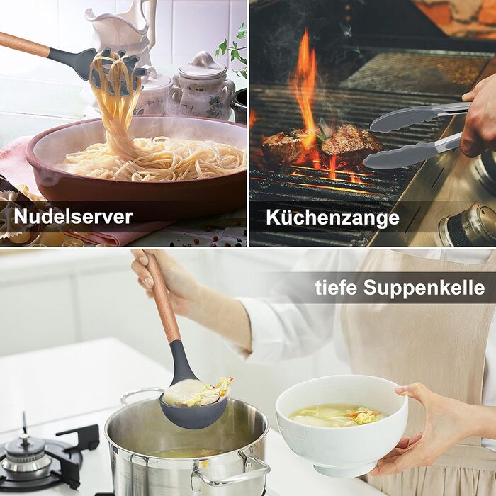 Набір кухонного приладдя Herogo, 12 шт. Силіконові кухонні помічники, кухонне кухонне приладдя з тримачем, стійке до високих температур, з дерев'яною ручкою, антипригарний лопатка – сірий