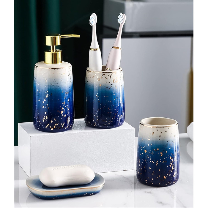 Набір аксесуарів для ванної кімнати GIBZ: мильниця, тримач для зубних щіток, дозатор мила, стаканчик. Кераміка, блакитний колір