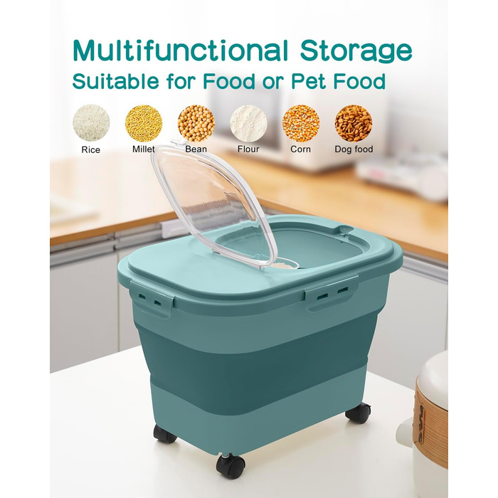 Контейнер для зберігання рису, складний, на колесах, з герметичним кришкою, мірний стакан та лопатка, для продуктів, рису, кормів для тварин, борошна, темно-зелений, 9-13,6 кг