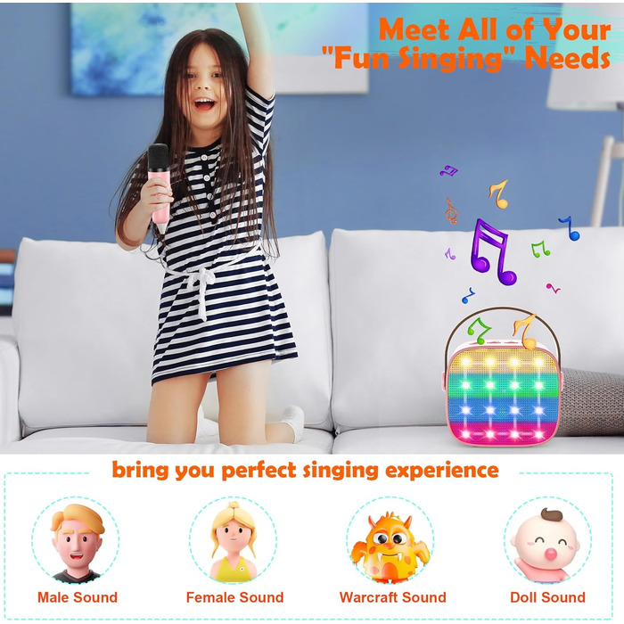 Дитяча караоке-машина з 2 мікрофонами, Bluetooth, LED-підсвітка, для дівчаток та хлопчиків 3-12 років, рожева