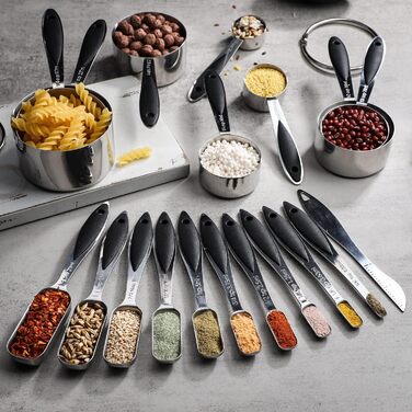 Stainless Steel Measuring Cup and Spoon Sets, Measuring Cups, Spoons, and Measuring Ruler for Dry and Liquid Ingredients, 19-Piece Set