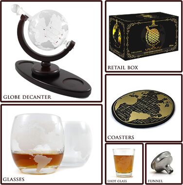 Globus Decanter Gift Set. Includes a wooden base, 2 glasses, 2 coasters, a shot glass, and a funnel. This whiskey decanter and glasses set is the perfect gift.