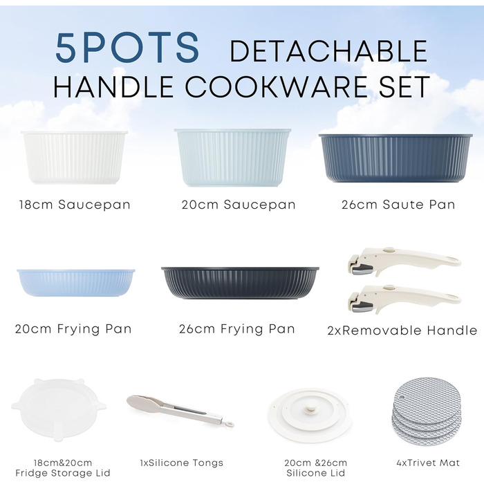 RIOVARM Induction Cookware Set with Removable Handles - Nonstick Granite Stackable Pots and Pans Set with Silicone Lids - PFOA Free, Space-Saving Cookware Set - Includes Fry Pan & Casseroles (Graduated Blue)