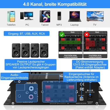 HiFi підсилювач S-288 600Вт, міні Bluetooth стерео аудіо ресивер, 12В/220В, 4 канали, цифровий підсилювач із LCD-дисплеєм, FM-радіо, Bluetooth, USB-вхід, для дому або авто