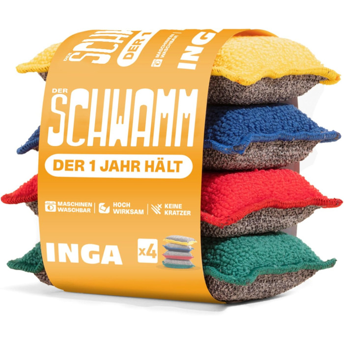 INGA - 4 x Reusable, Washable Sponges - Highly Effective, Scratch-Free - Double-Sided - Switches to a washable sponge that lasts ONE YEAR