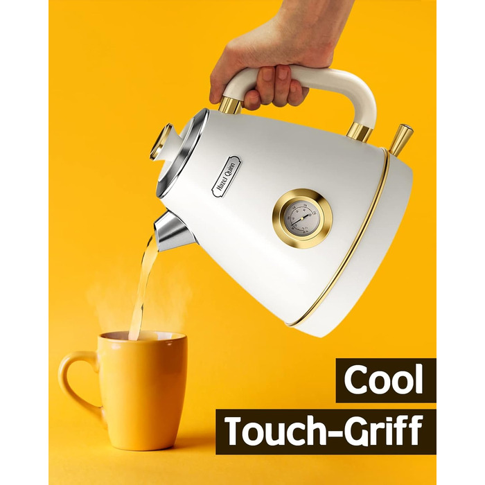 Електричний чайник Rudy Retro з термометром, нержавіюча сталь, 1.7 л, 2200 Вт, без пластику, автоматичне відключення, Vintage-дизайн (Перламутровий)