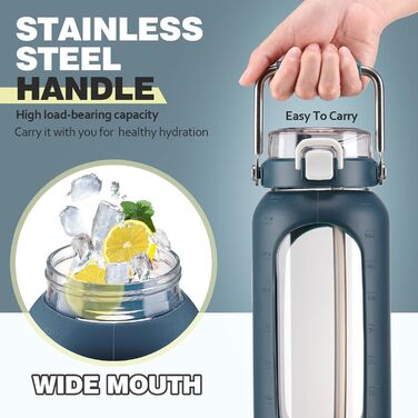1.9L Glass Water Bottle, Glass Drinking Bottle with Straw and Stainless Steel Handle, Motivational Water Bottle with Silicone Sleeve and Time Marker, Water Pitch, Dark Blue