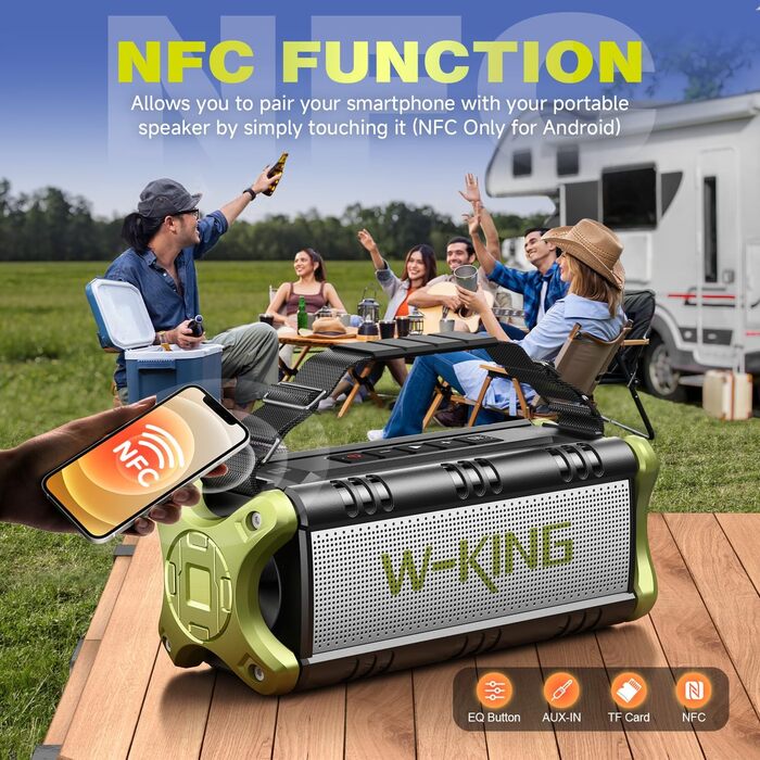 W-KING Портативна Bluetooth Колонка 90W з Глибоким Басом, 40 годин роботи, IPX6, Powerbank, TF-карта, NFC, AUX, Bluetooth 5.0, Зелена