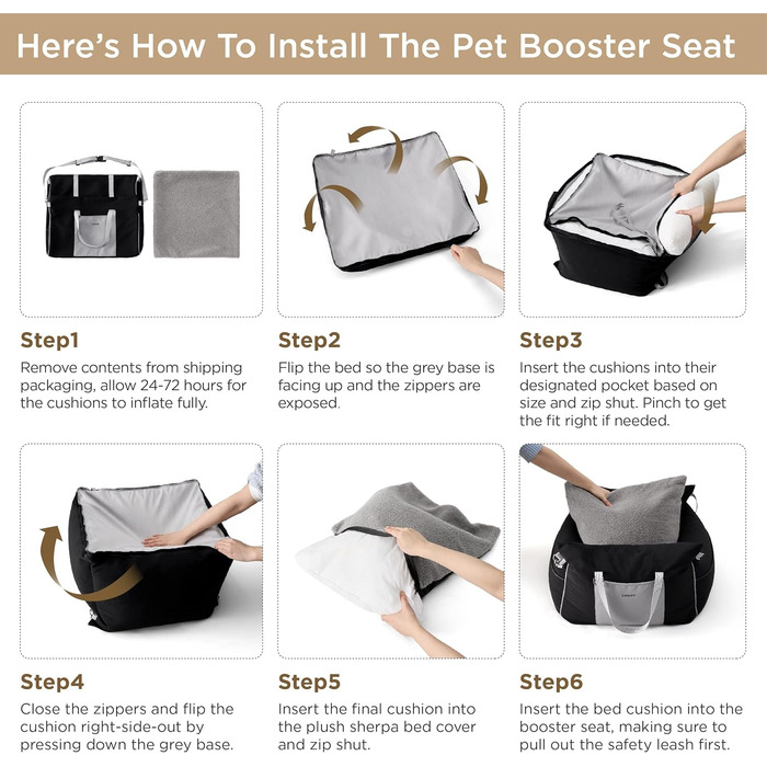 Pet Car Seat for Small Dogs - Waterproof and Washable Dog Car Seat with Storage Pockets, Detachable Safety Leash, and Thickened Memory Foam Filling, 58x56x33cm, (Black)