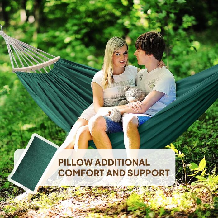 Chihee Hammock - Cotton, Large, Soft, Breathable Camping Hammock - Holds up to 300kg - Portable Tree Hammock with Detachable Spreader Bar, Head Pillow, 2 Strong Straps, 2 Carabiner Hooks (Dark Green)