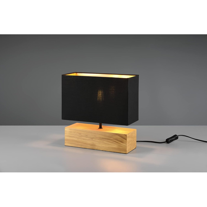 Настільна лампа Reality Leuchten Woody, чорний матовий метал, дерев'яний підставник, тканинний абажур чорного/золотого кольору, без плафона, E27, 30x12 см