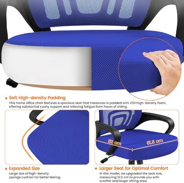 Офісний стіл Yaheetech з ергономічною спинкою з сітки, регульованою висотою та підлокітниками, поворотний крісло для начальника, витримує до 136 кг, блакитний