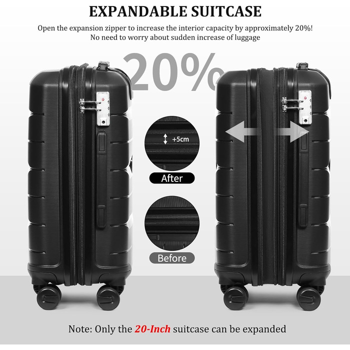 Чохол-валіза Sea Choice з розширенням, ручна поклажа, 4 шт. у наборі, 100% PP, 360° колеса, TSA-замок (Чорний)