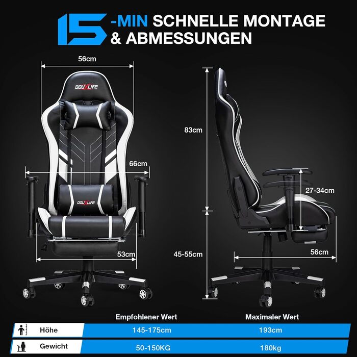 Ігровий крісло Douxlife з 7-точковим масажем, підніжкою, ергономічний офісний крісло, регулювання спинки 90-175°, регульовані 2D підлокітники, крісло для ПК Gamer, максимальне навантаження 150-180 кг, (Чорний/Білий)