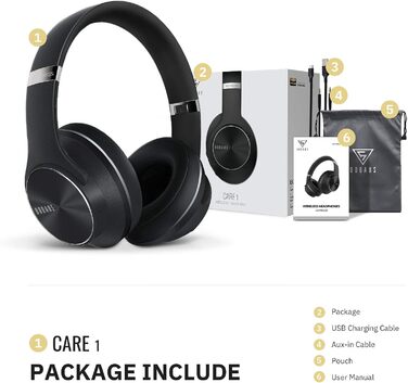Навушники Bluetooth DOQAUS Over-Ear, 90 годин роботи, бездротові, з 3 EQ-режимами, HiFi стерео, складні, з мікрофоном, м'які амбушюри, для телефонів/подорожей/офісу/ноутбуків/ПК - Чорний