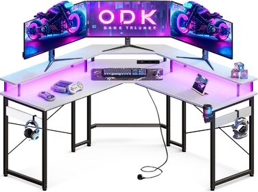 Ігровий стіл ODK з LED-підсвіткою, 2 розетками та 2 USB, кутовий білий комп'ютерний стіл з підставкою для монітора 129x129 см для геймінгу та домашнього офісу